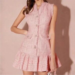 Brand new !!! Baby Pink Elegant Women's V-Neck Ruffle Hem Sleeveless Tweed Dress
